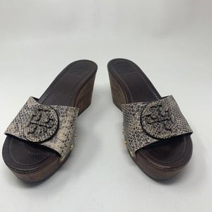 Tory Burch Womens Sandals Brown Black Snake Skin Platform Heels Leather 7 M